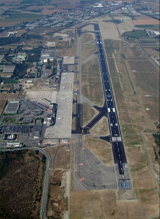 Aerial view of the Bologna Airport runway